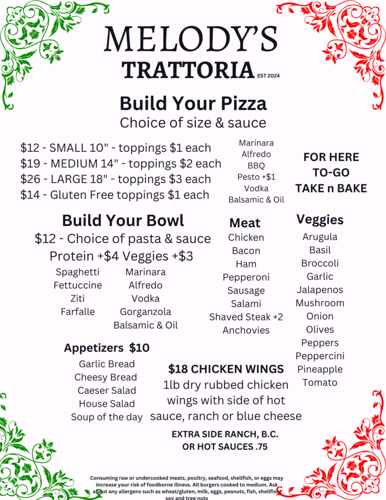 Melody's Trattoria Full Menu written out